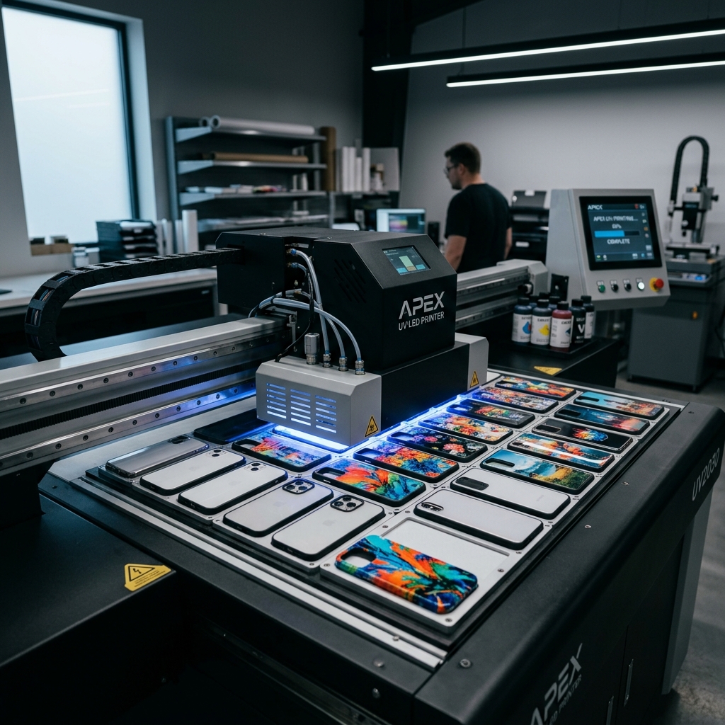 Máquina de impressão UV a produzir capas de telemóvel personalizadas